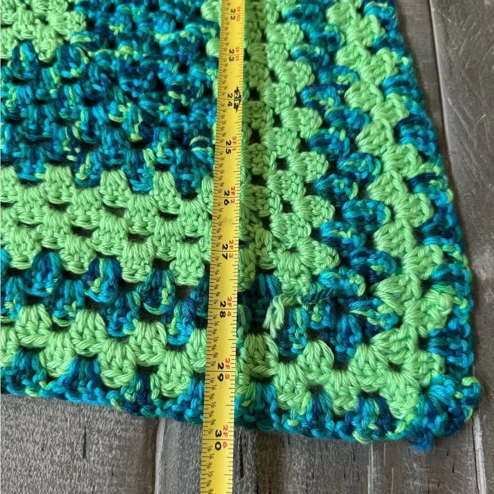 Vintage Blue Green Crochet Knit Afghan Throw Baby Blanket Decor